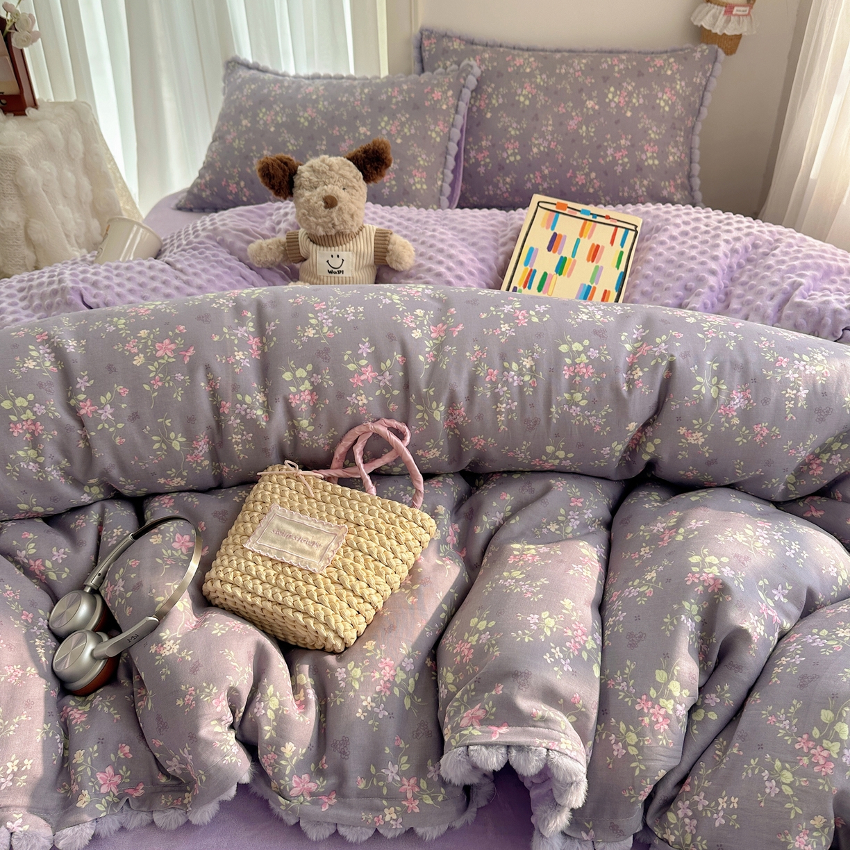 91家纺网 家纺一手货源 找家纺 Sweet dreams甜梦 2025新款双层纱豆豆绒棉加绒四件套 花梦时