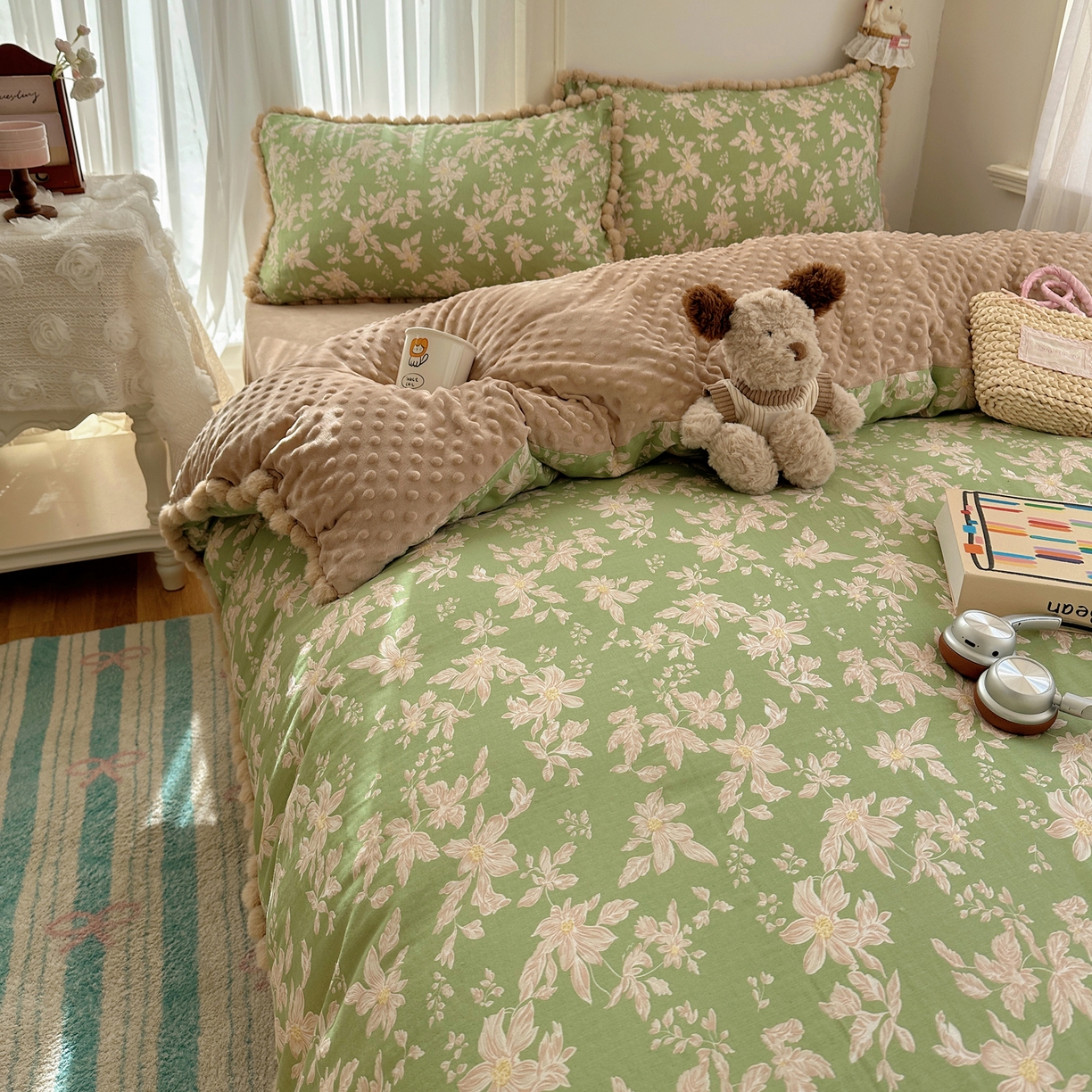 91家纺网 家纺一手货源 找家纺 Sweet dreams甜梦 2025新款双层纱豆豆绒棉加绒四件套 温婉话语