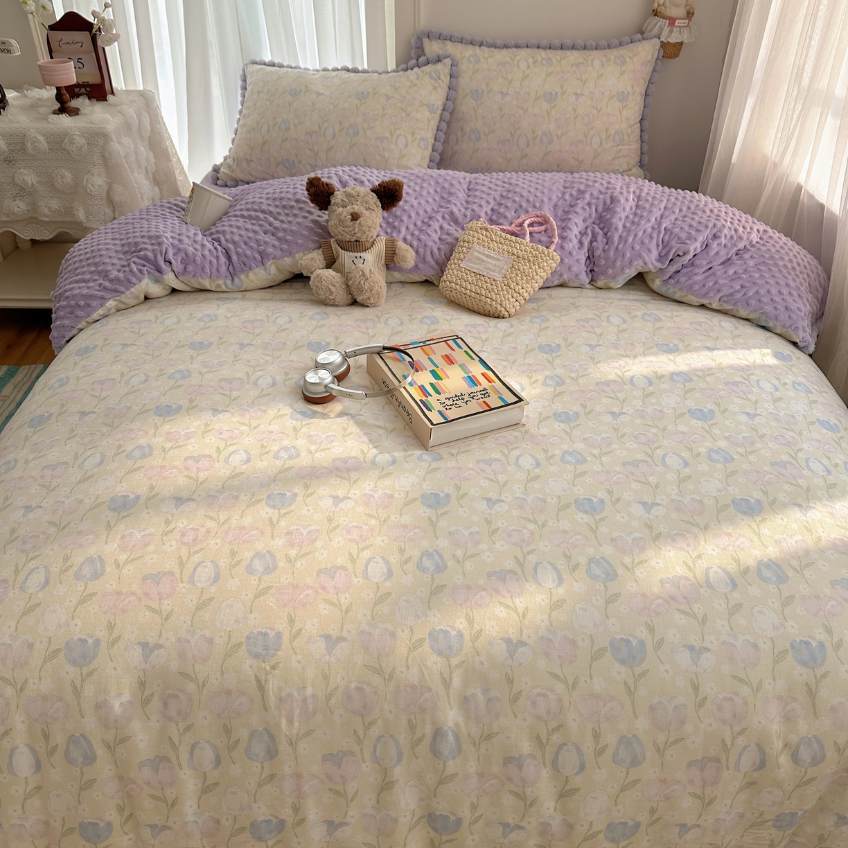 91家纺网 家纺一手货源 找家纺 Sweet dreams甜梦 2025新款双层纱豆豆绒棉加绒四件套 郁金花海