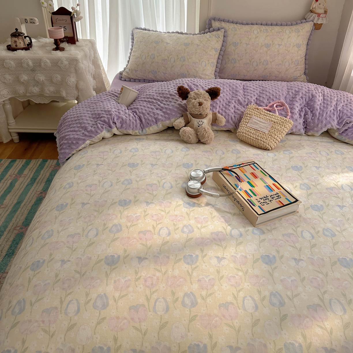 91家纺网 家纺一手货源 找家纺 Sweet dreams甜梦 2025新款双层纱豆豆绒棉加绒四件套 郁金花海