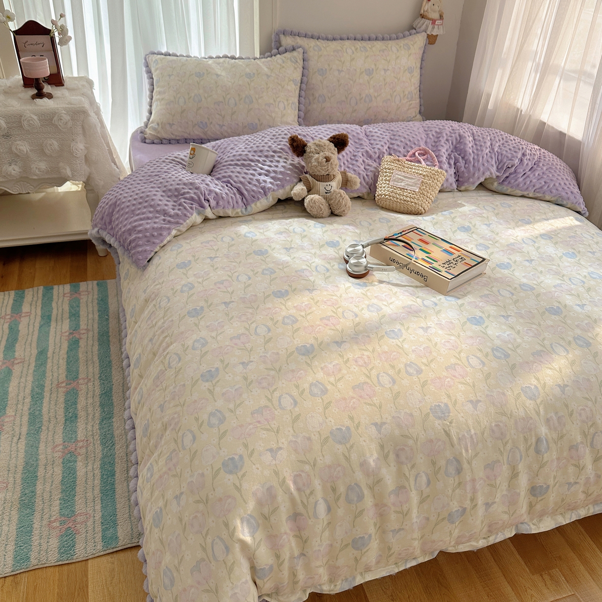 91家纺网 家纺一手货源 找家纺 Sweet dreams甜梦 2025新款双层纱豆豆绒棉加绒四件套 郁金花海