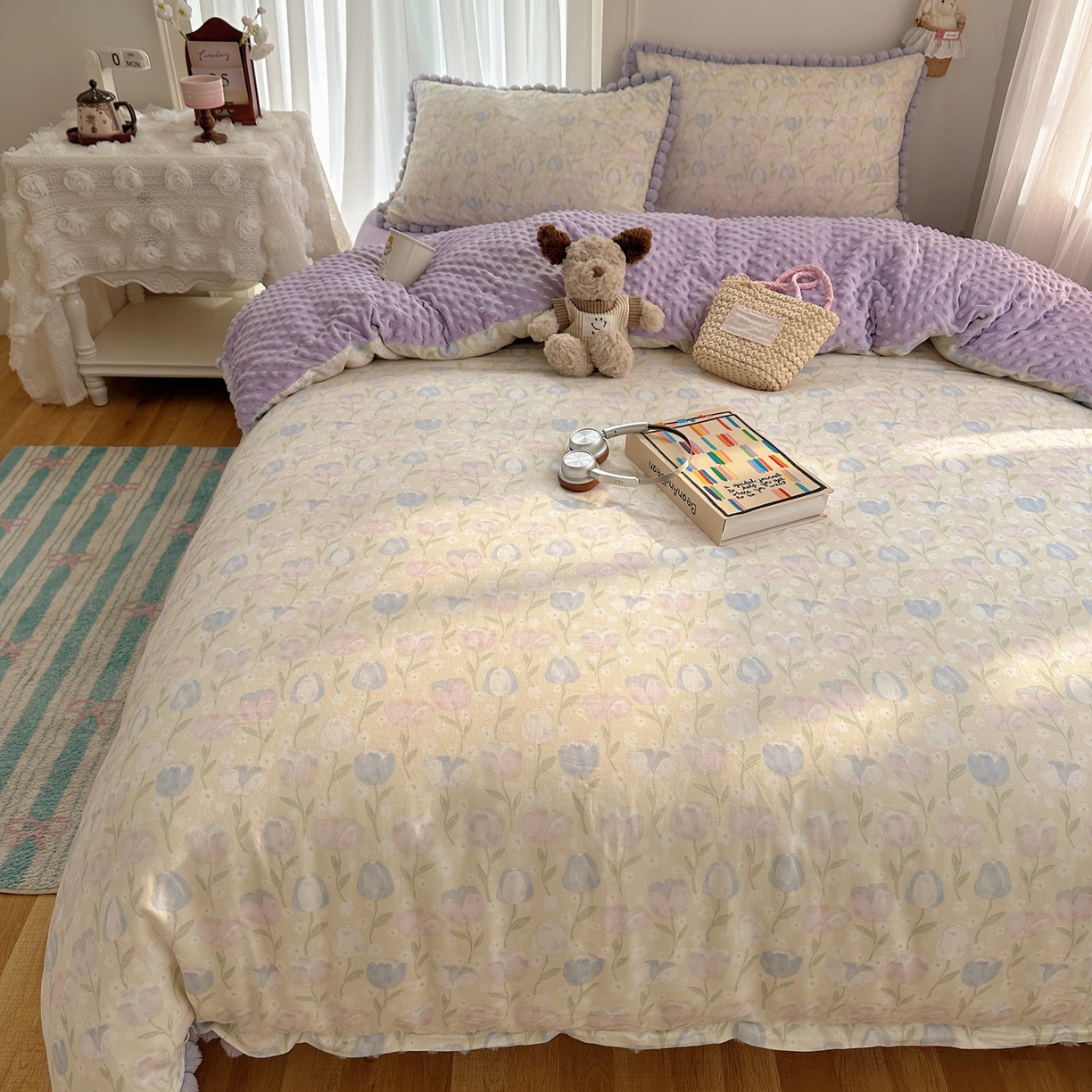 91家纺网 家纺一手货源 找家纺 Sweet dreams甜梦 2025新款双层纱豆豆绒棉加绒四件套 郁金花海