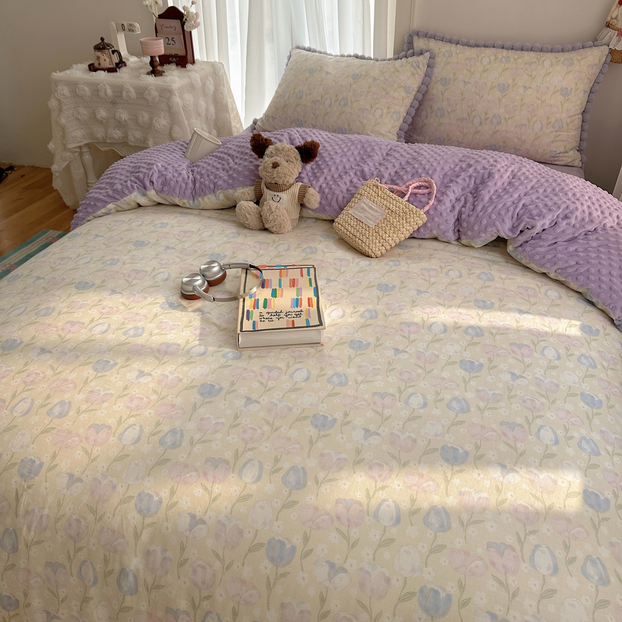 91家纺网 家纺一手货源 找家纺 Sweet dreams甜梦 2025新款双层纱豆豆绒棉加绒四件套 郁金花海