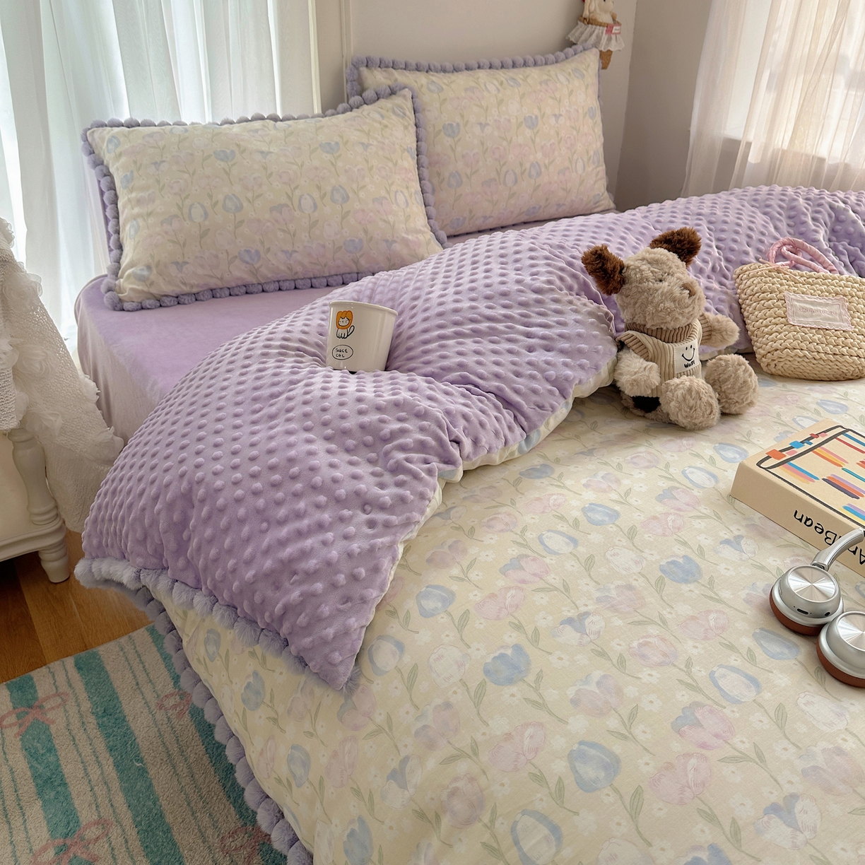 91家纺网 家纺一手货源 找家纺 Sweet dreams甜梦 2025新款双层纱豆豆绒棉加绒四件套 郁金花海