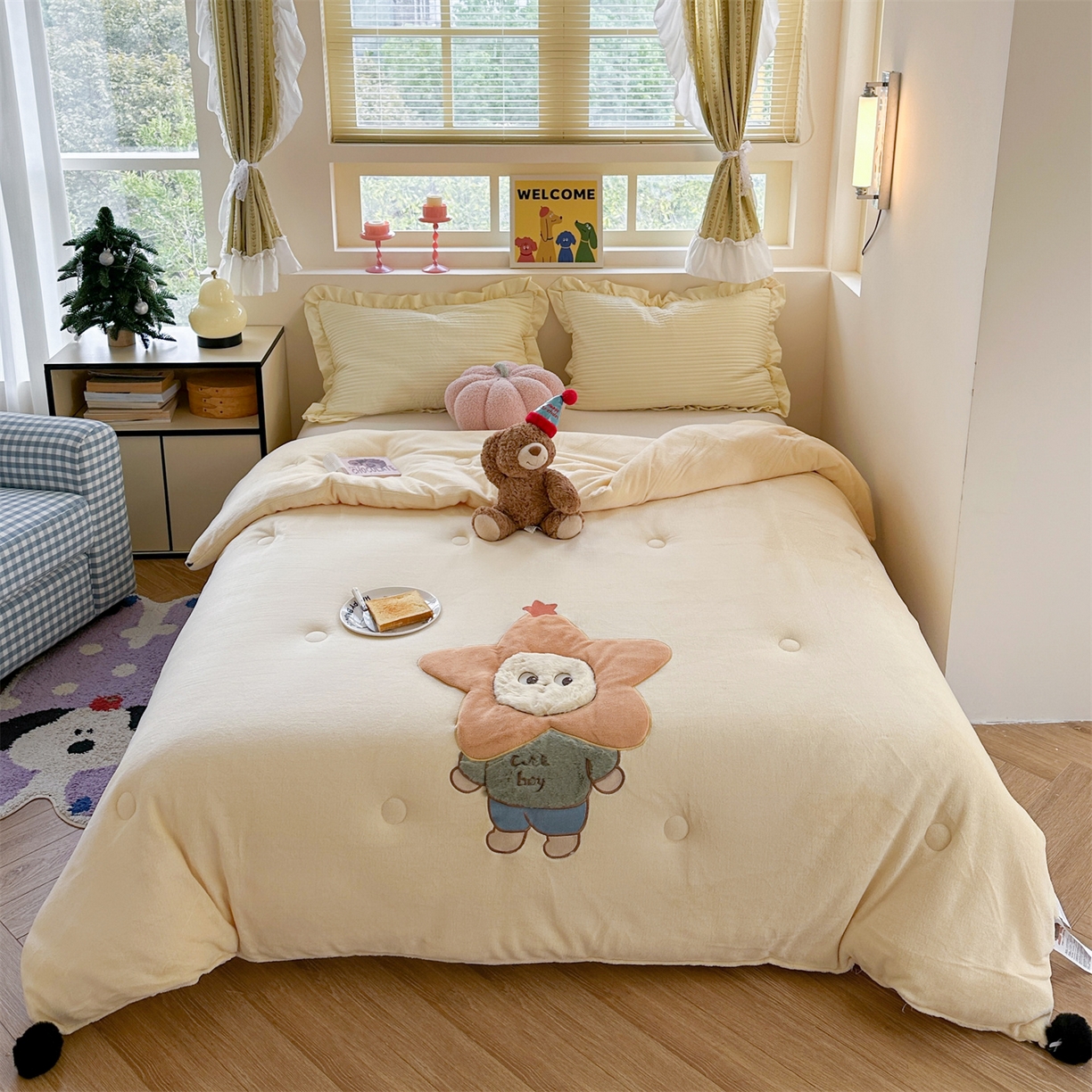 91家纺网 家纺一手货源 找家纺 暖生活 2025新款立体牛奶绒小毛球系列秋冬被被子被芯 星星宝贝