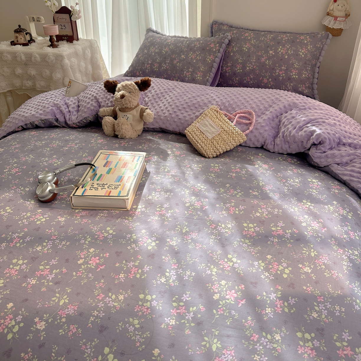 91家纺网 家纺一手货源 找家纺  Sweet dreams甜梦 2025新款A类双层纱豆豆绒棉加绒四件套 花梦时