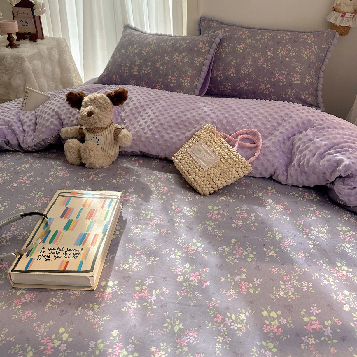 91家纺网 家纺一手货源 找家纺  Sweet dreams甜梦 2025新款A类双层纱豆豆绒棉加绒四件套 花梦时