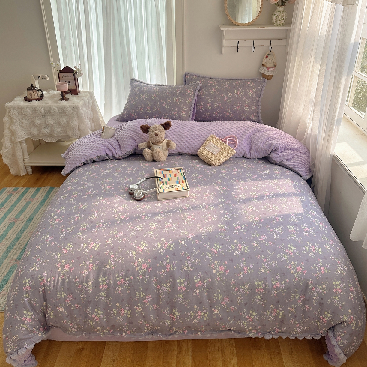 91家纺网 家纺一手货源 找家纺  Sweet dreams甜梦 2025新款A类双层纱豆豆绒棉加绒四件套 花梦时