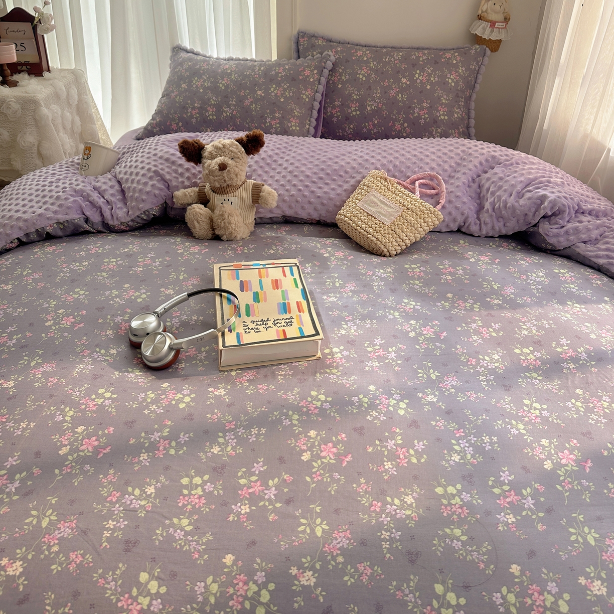 91家纺网 家纺一手货源 找家纺  Sweet dreams甜梦 2025新款A类双层纱豆豆绒棉加绒四件套 花梦时