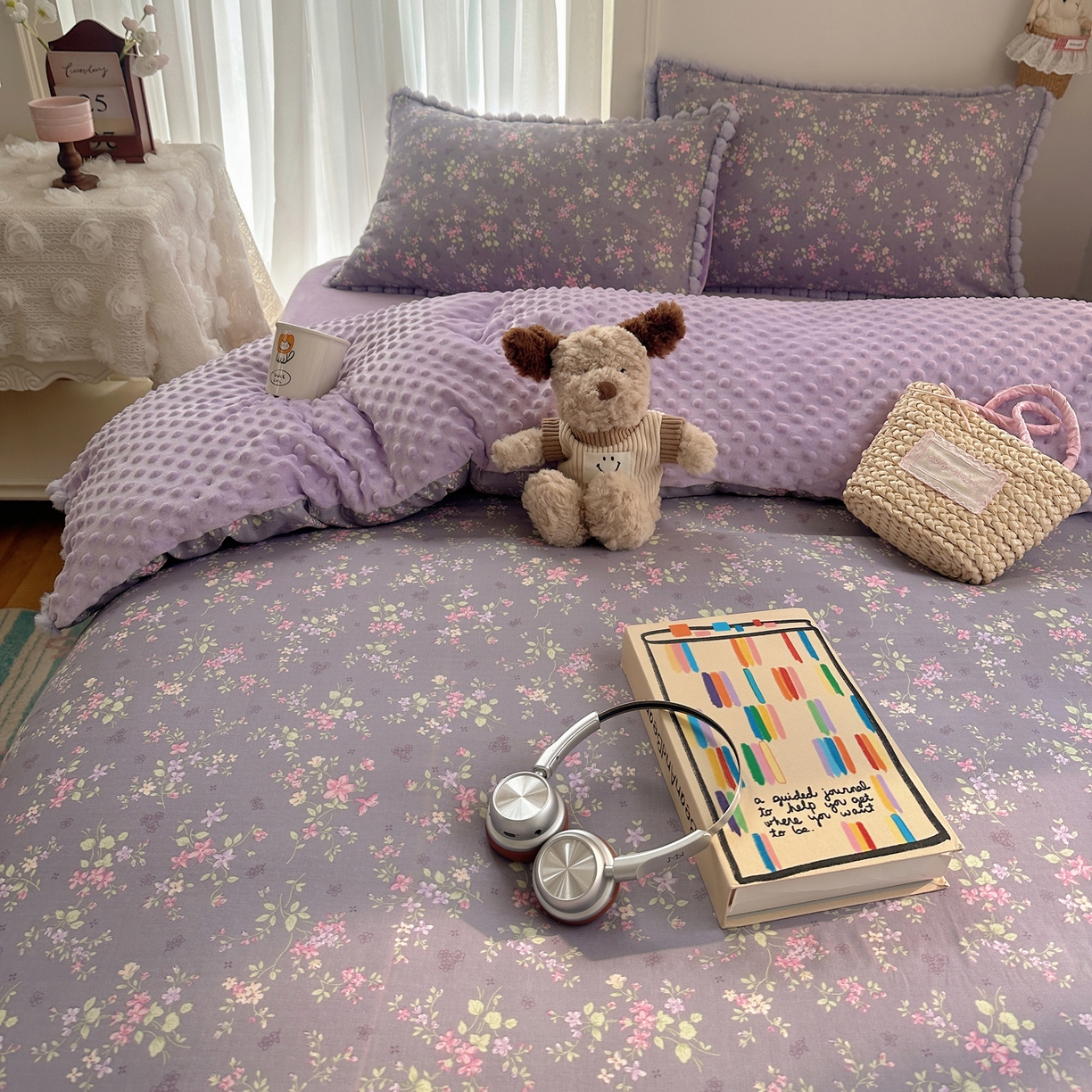 91家纺网 家纺一手货源 找家纺  Sweet dreams甜梦 2025新款A类双层纱豆豆绒棉加绒四件套 花梦时