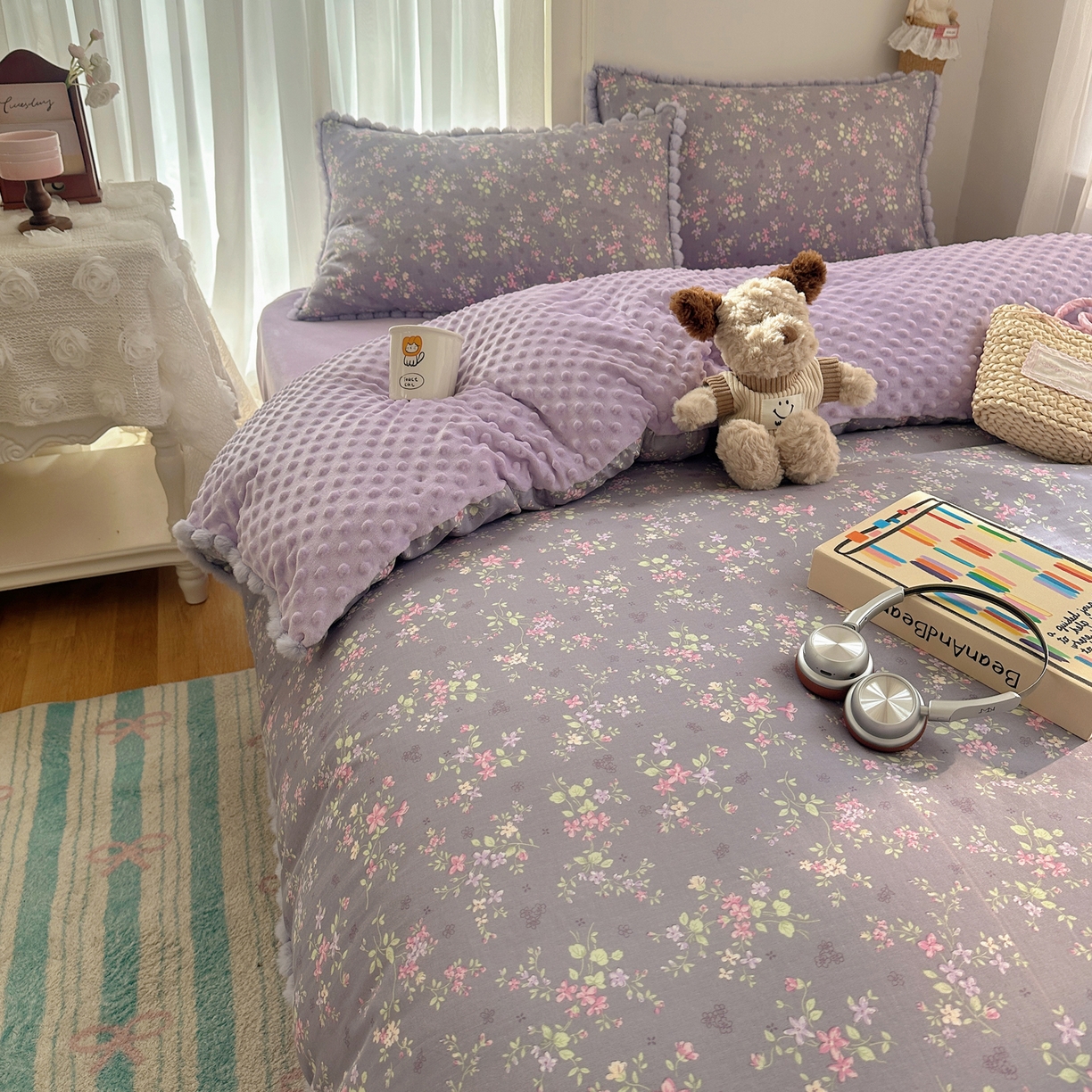 91家纺网 家纺一手货源 找家纺  Sweet dreams甜梦 2025新款A类双层纱豆豆绒棉加绒四件套 花梦时