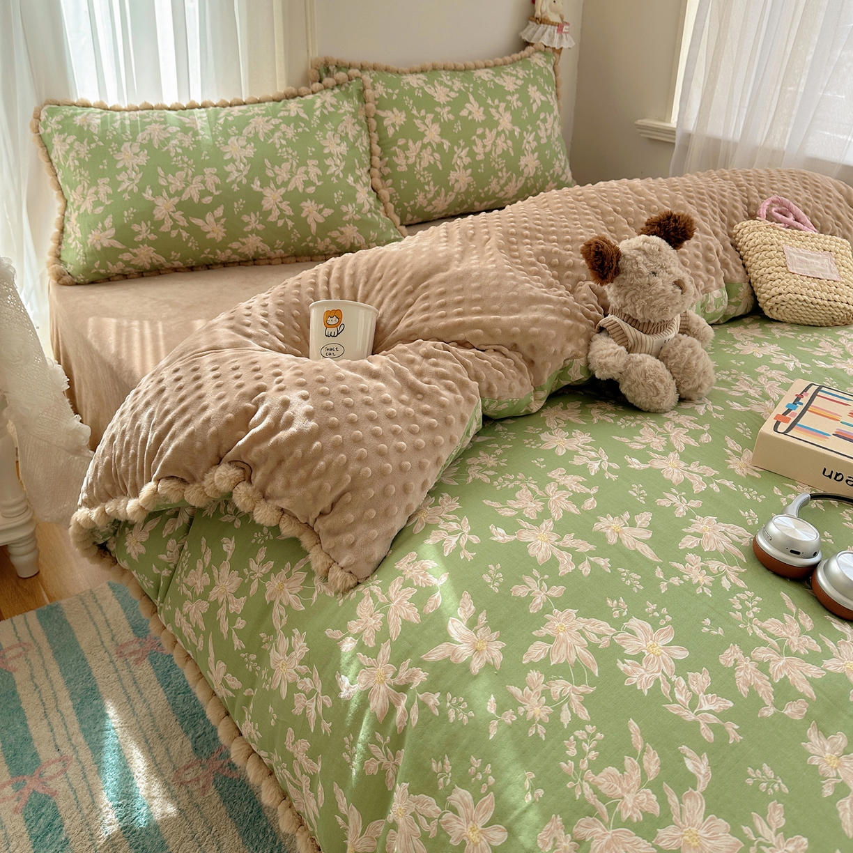 91家纺网 家纺一手货源 找家纺  Sweet dreams甜梦 2025新款A类双层纱豆豆绒棉加绒四件套 温婉话语