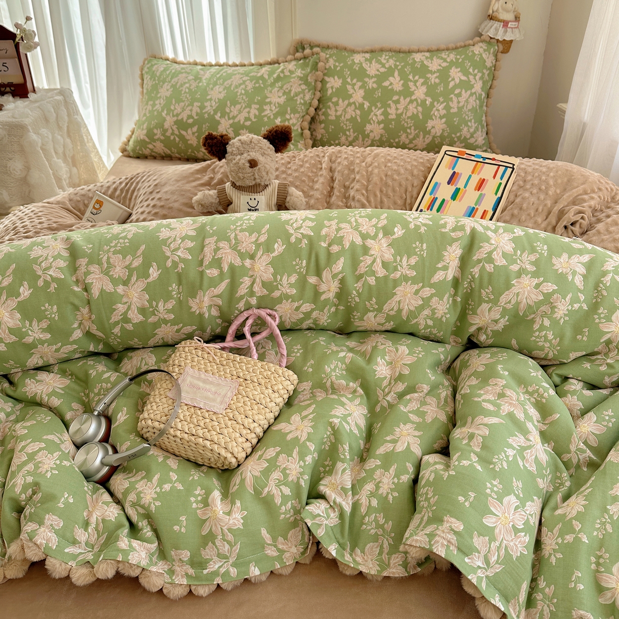 91家纺网 家纺一手货源 找家纺  Sweet dreams甜梦 2025新款A类双层纱豆豆绒棉加绒四件套 温婉话语