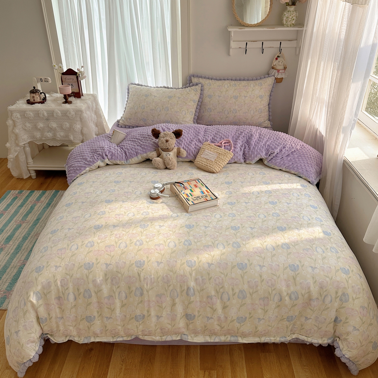 91家纺网 家纺一手货源 找家纺  Sweet dreams甜梦 2025新款A类双层纱豆豆绒棉加绒四件套 郁金花海