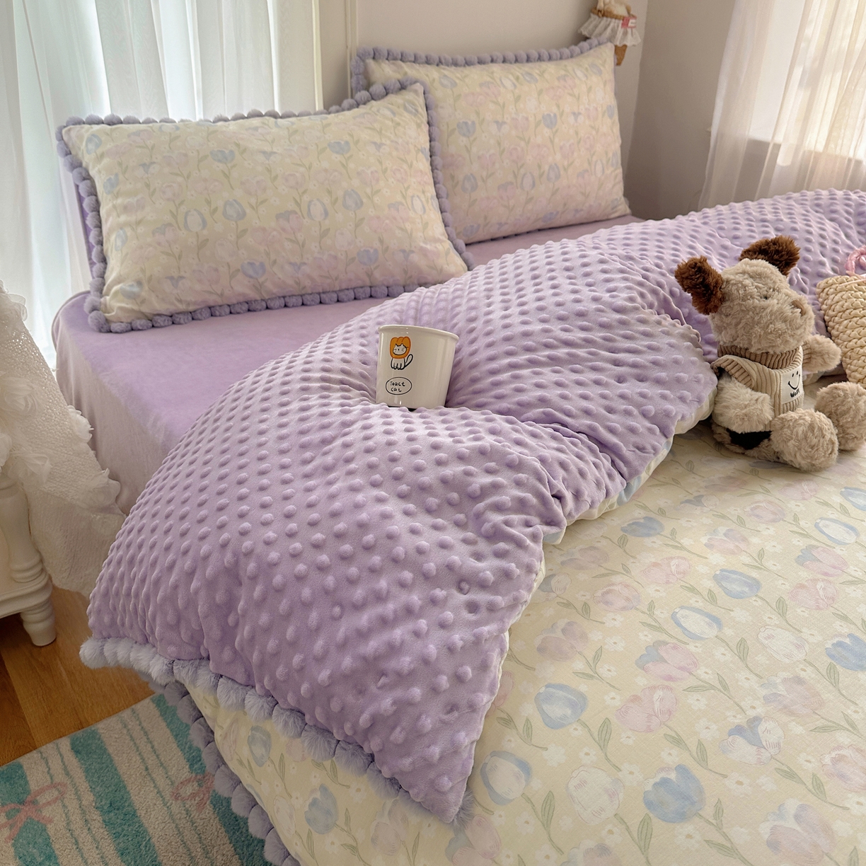 91家纺网 家纺一手货源 找家纺  Sweet dreams甜梦 2025新款A类双层纱豆豆绒棉加绒四件套 郁金花海