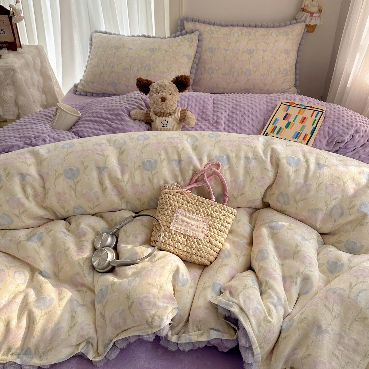 91家纺网 家纺一手货源 找家纺  Sweet dreams甜梦 2025新款A类双层纱豆豆绒棉加绒四件套 郁金花海