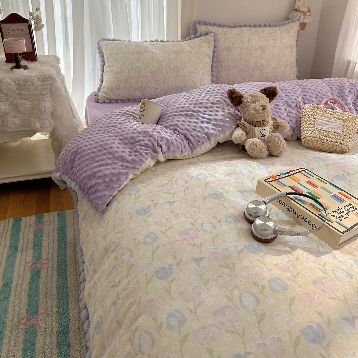 91家纺网 家纺一手货源 找家纺  Sweet dreams甜梦 2025新款A类双层纱豆豆绒棉加绒四件套 郁金花海