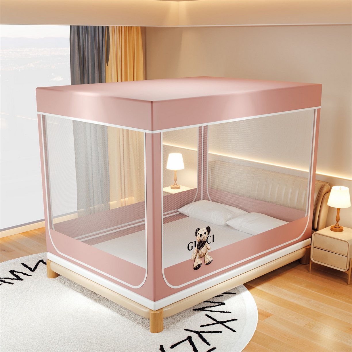 91家纺网 家纺一手货源 找家纺 2025新款夹棉保暖遮光蚊帐终版 粉色