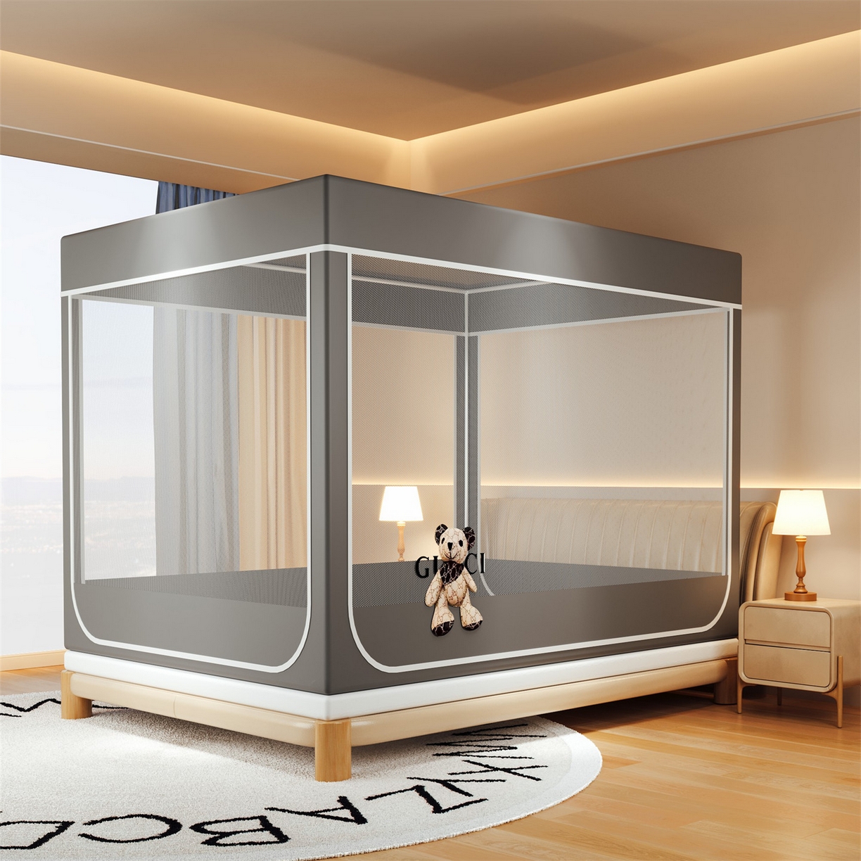 91家纺网 家纺一手货源 找家纺 2025新款夹棉保暖遮光蚊帐终版 灰色