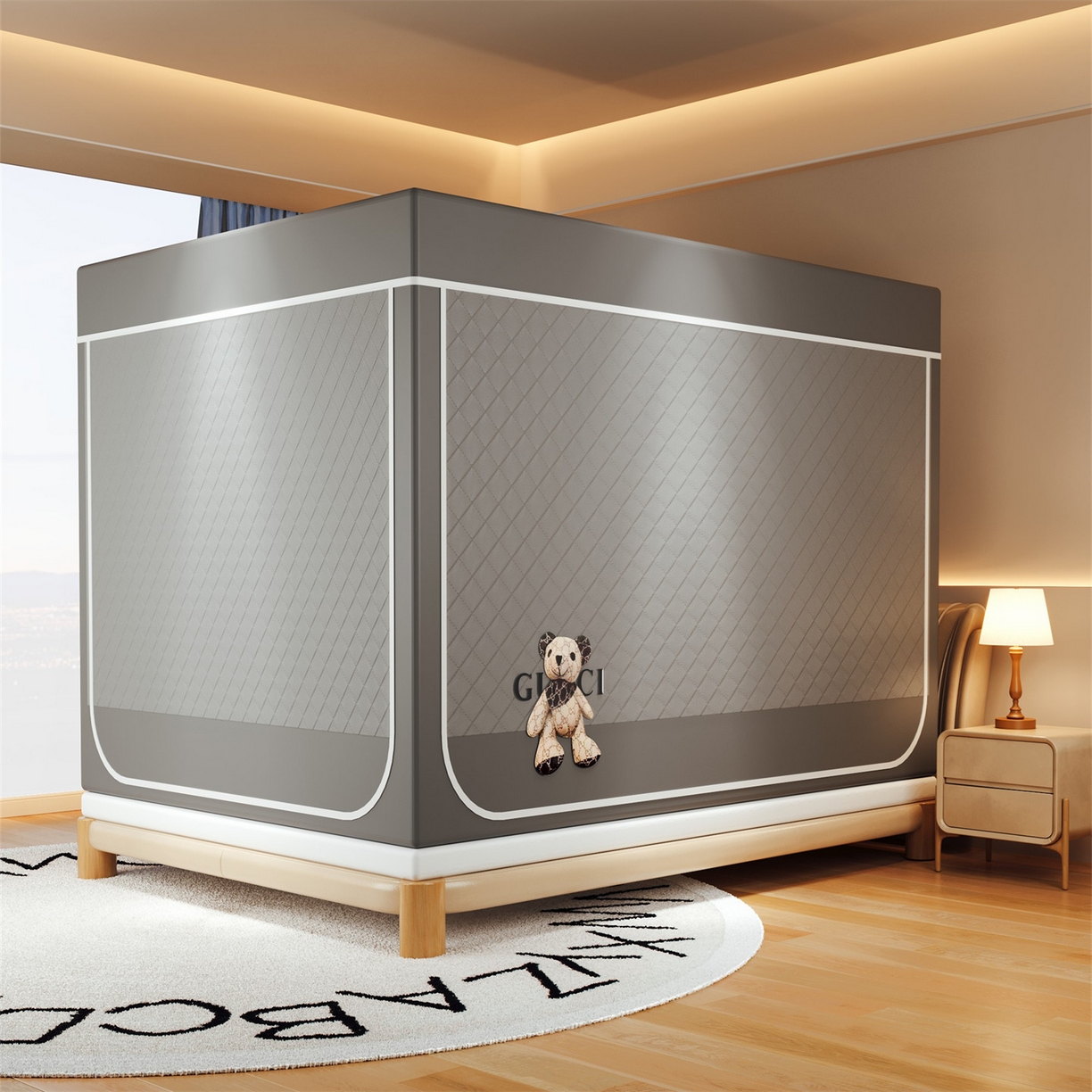 91家纺网 家纺一手货源 找家纺 2025新款夹棉保暖遮光蚊帐终版 灰色