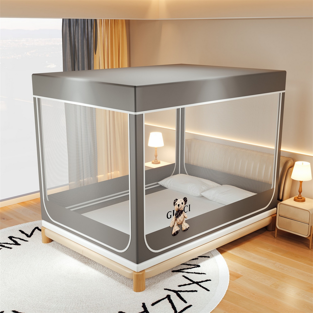 91家纺网 家纺一手货源 找家纺 2025新款夹棉保暖遮光蚊帐终版 灰色