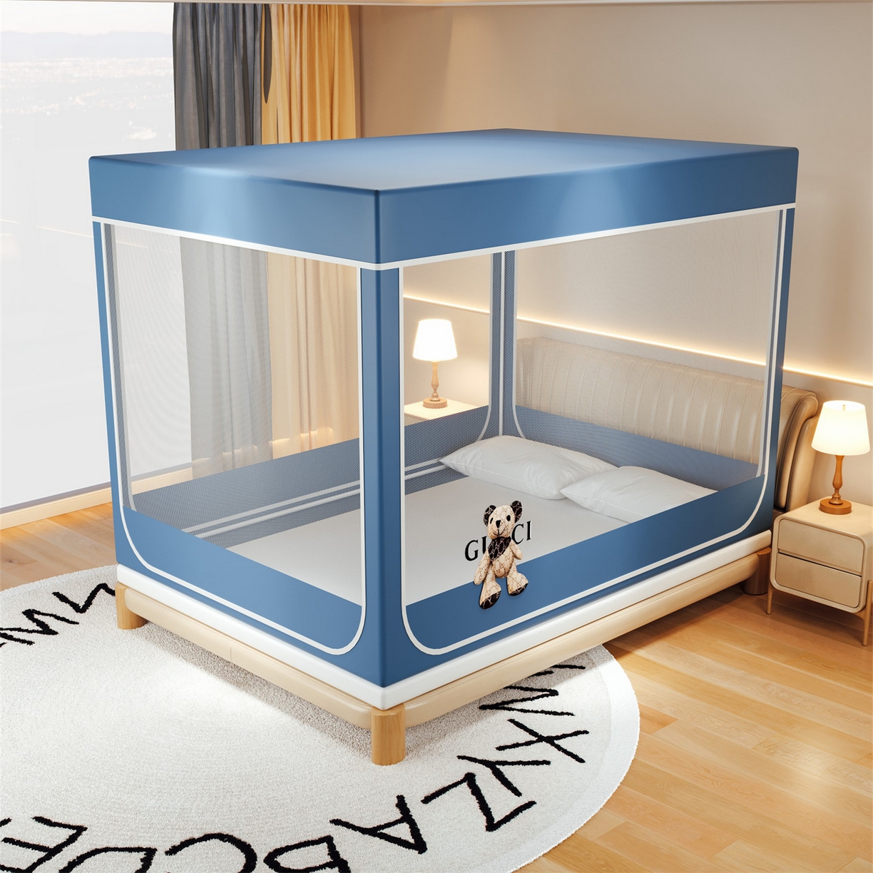 91家纺网 家纺一手货源 找家纺 2025新款夹棉保暖遮光蚊帐终版 蓝色