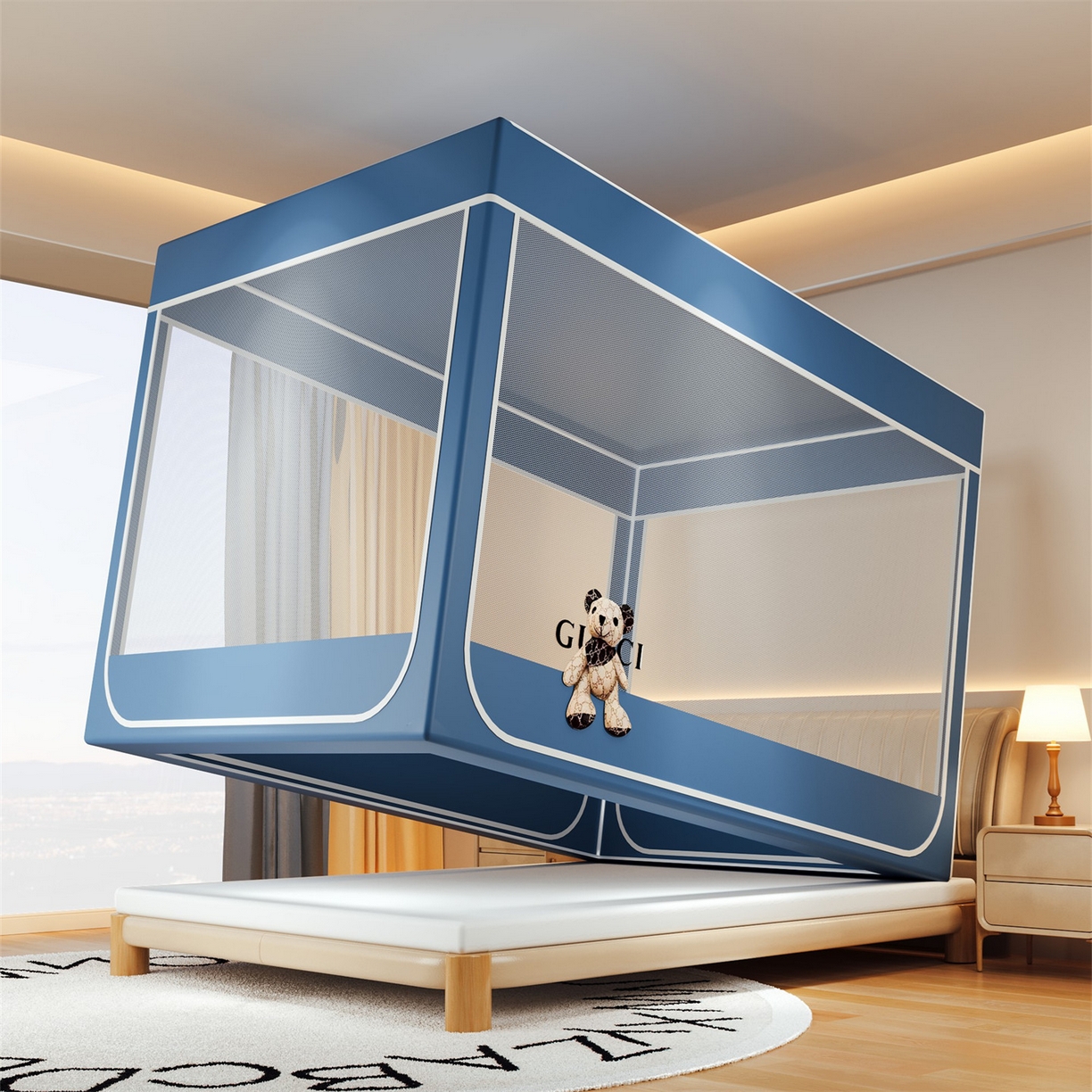 91家纺网 家纺一手货源 找家纺 2025新款夹棉保暖遮光蚊帐终版 蓝色