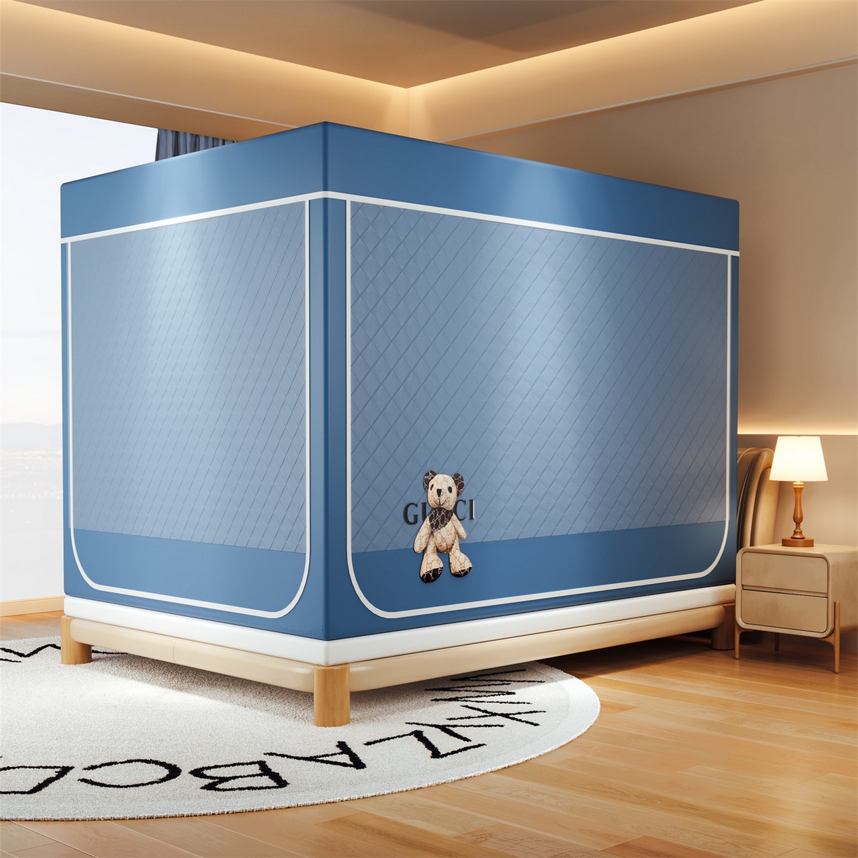 91家纺网 家纺一手货源 找家纺 2025新款夹棉保暖遮光蚊帐终版 蓝色