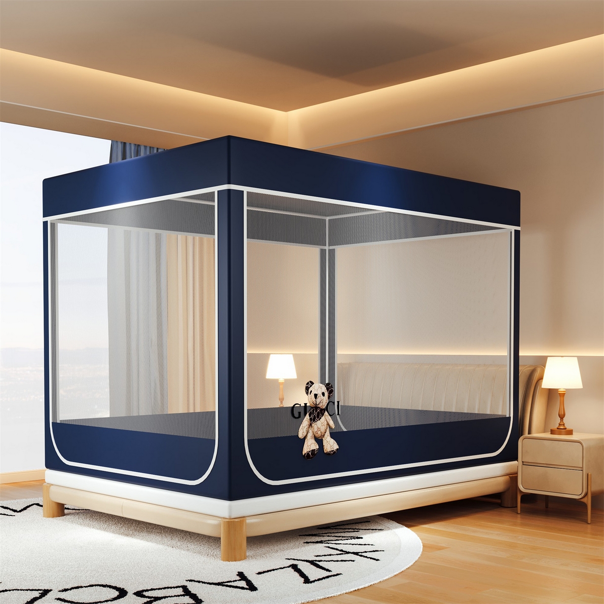 91家纺网 家纺一手货源 找家纺 2025新款夹棉保暖遮光蚊帐终版 深蓝