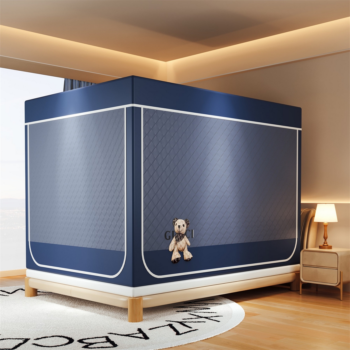 91家纺网 家纺一手货源 找家纺 2025新款夹棉保暖遮光蚊帐终版 深蓝