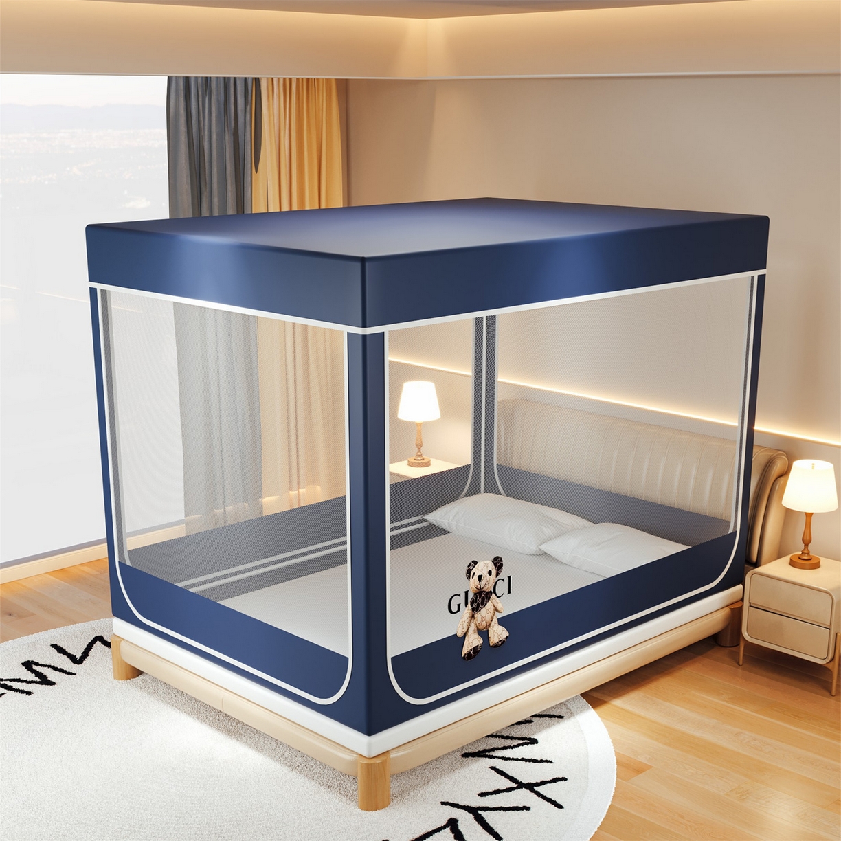 91家纺网 家纺一手货源 找家纺 2025新款夹棉保暖遮光蚊帐终版 深蓝