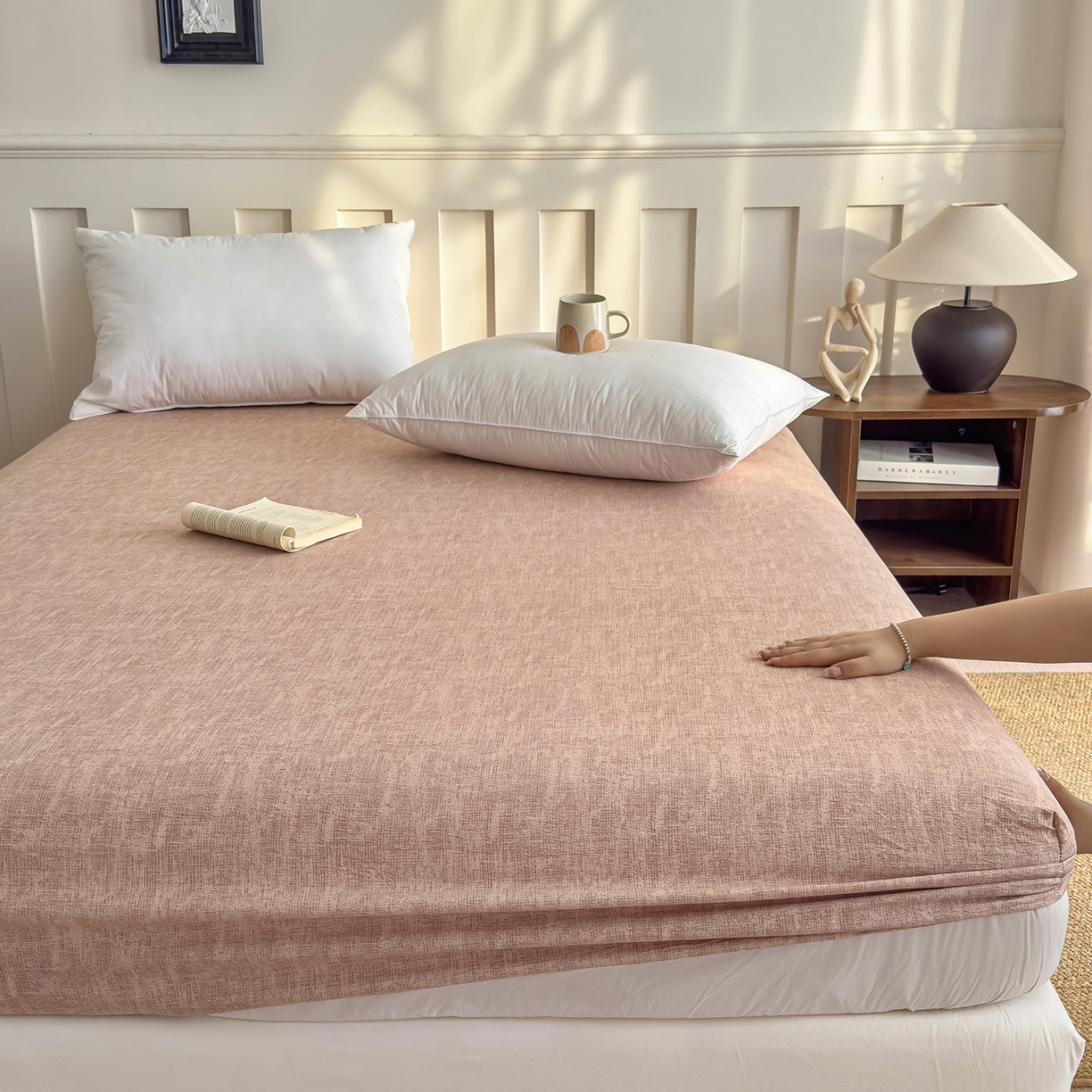 91家纺网 家纺一手货源 找家纺 灿哈家纺 2025新款纯色简约麻床笠单品床笠床笠单件单床笠 蜜粉