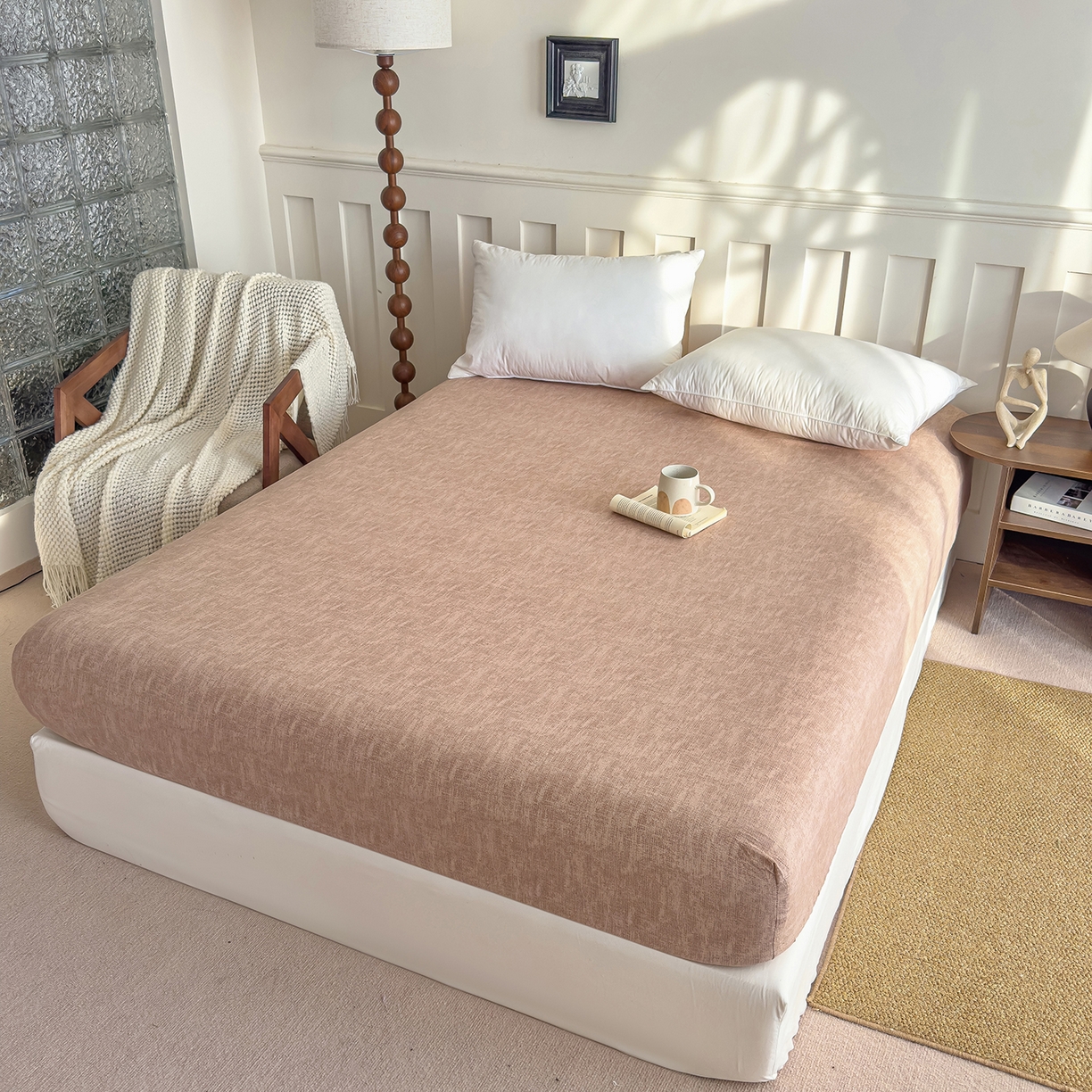 91家纺网 家纺一手货源 找家纺 灿哈家纺 2025新款纯色简约麻床笠单品床笠床笠单件单床笠 蜜粉