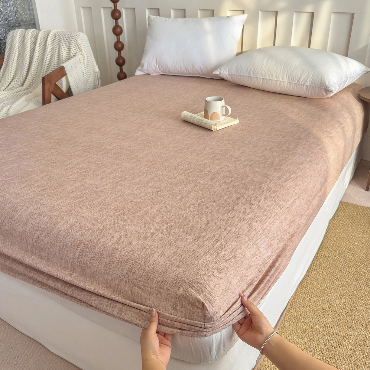 91家纺网 家纺一手货源 找家纺 灿哈家纺 2025新款纯色简约麻床笠单品床笠床笠单件单床笠 蜜粉