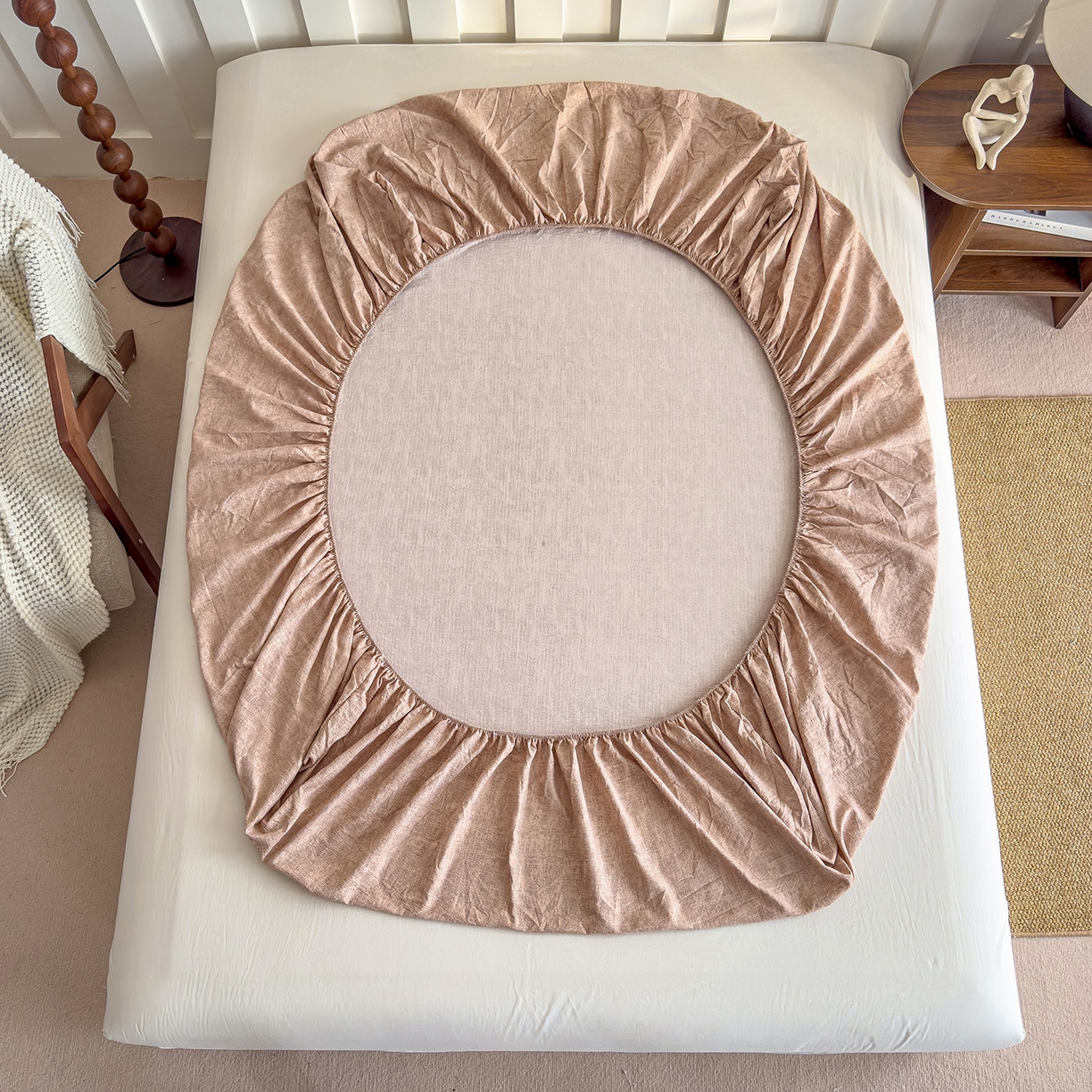 91家纺网 家纺一手货源 找家纺 灿哈家纺 2025新款纯色简约麻床笠单品床笠床笠单件单床笠 蜜粉