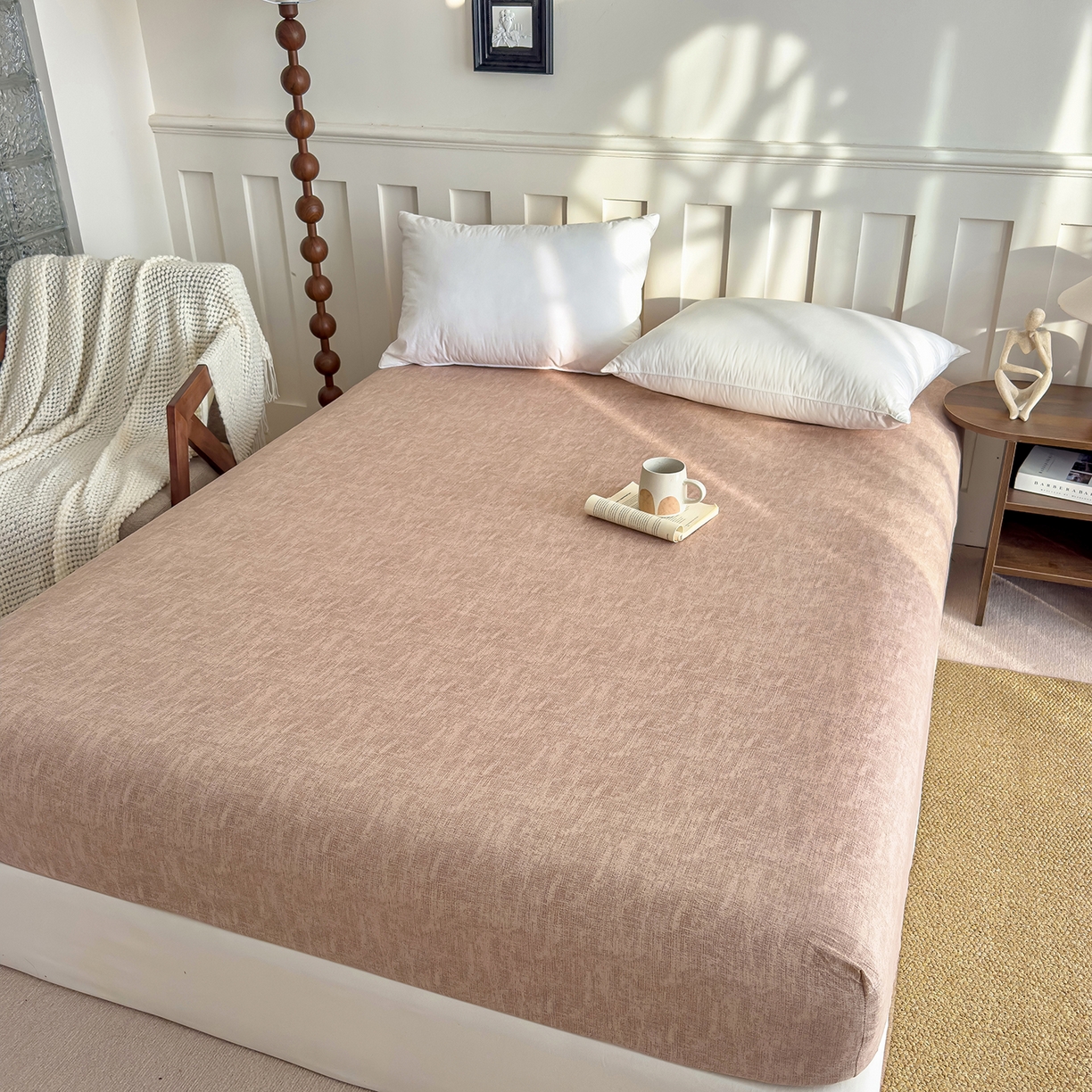 91家纺网 家纺一手货源 找家纺 灿哈家纺 2025新款纯色简约麻床笠单品床笠床笠单件单床笠 蜜粉