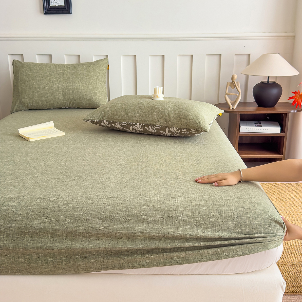 91家纺网 家纺一手货源 找家纺 灿哈家纺 2025新款纯色简约麻床笠单品床笠床笠单件单床笠 草绿