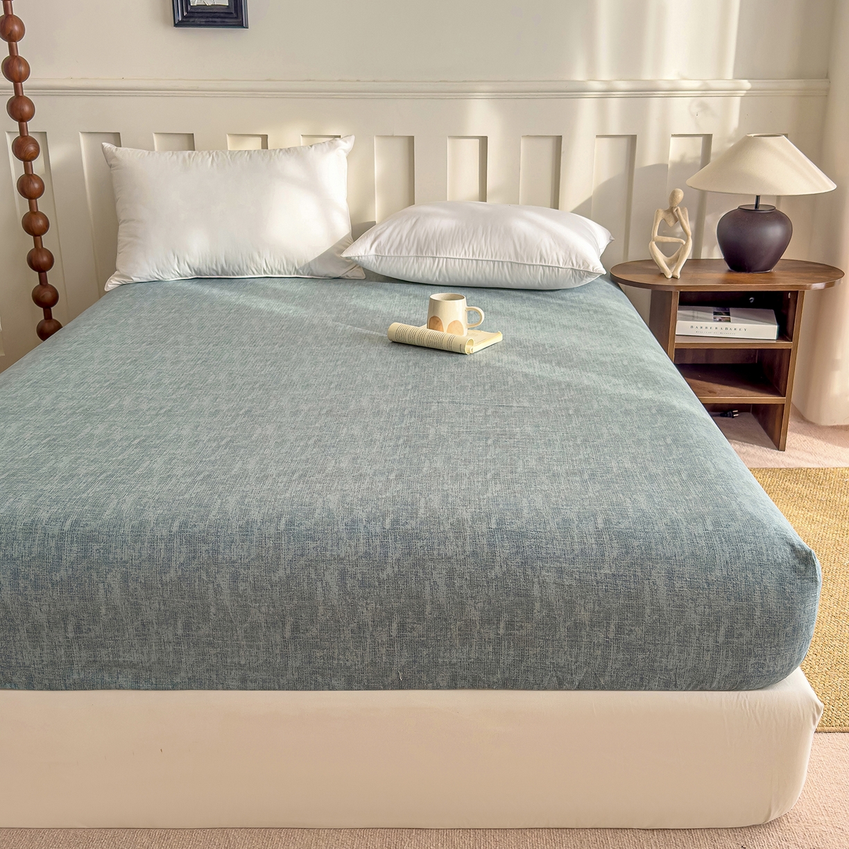 91家纺网 家纺一手货源 找家纺 灿哈家纺 2025新款纯色简约麻床笠单品床笠床笠单件单床笠 湖蓝