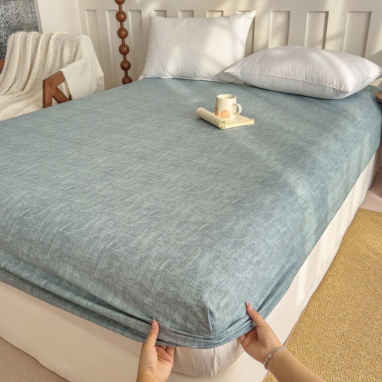 91家纺网 家纺一手货源 找家纺 灿哈家纺 2025新款纯色简约麻床笠单品床笠床笠单件单床笠 湖蓝