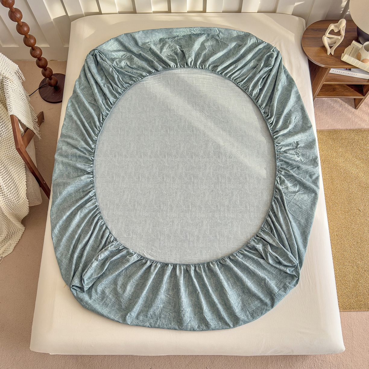 91家纺网 家纺一手货源 找家纺 灿哈家纺 2025新款纯色简约麻床笠单品床笠床笠单件单床笠 湖蓝