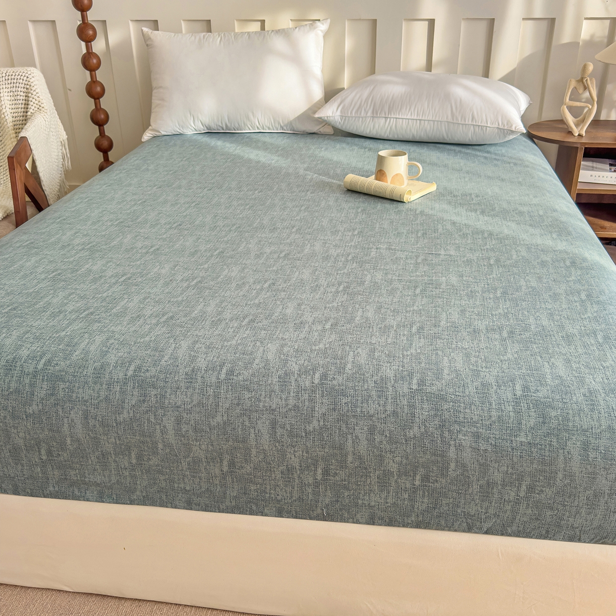 91家纺网 家纺一手货源 找家纺 灿哈家纺 2025新款纯色简约麻床笠单品床笠床笠单件单床笠 湖蓝