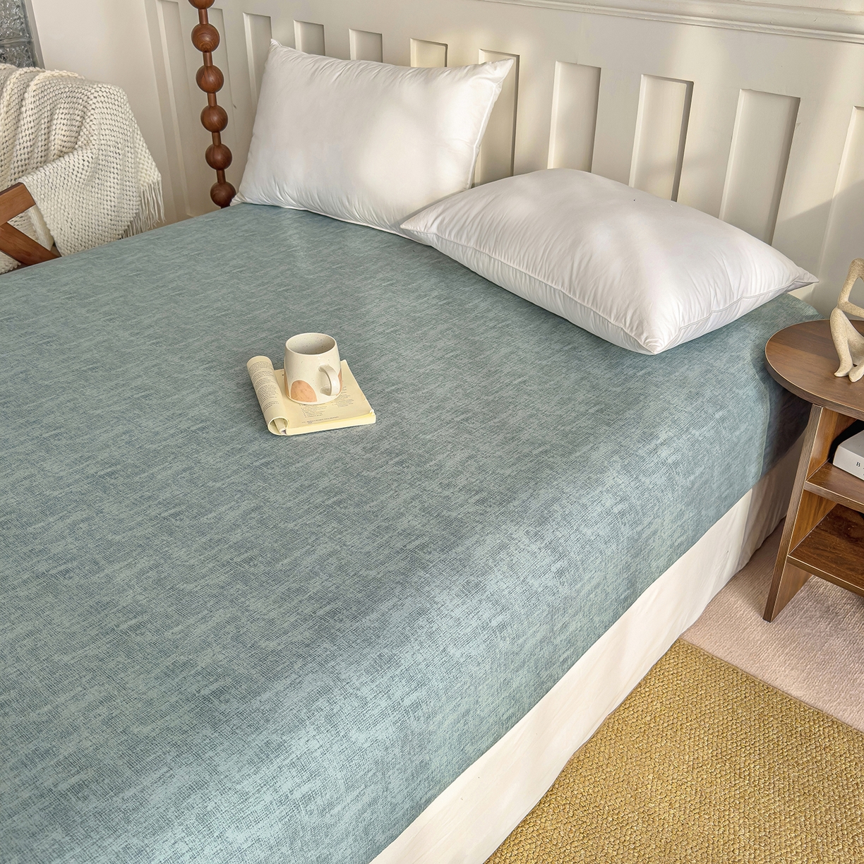 91家纺网 家纺一手货源 找家纺 灿哈家纺 2025新款纯色简约麻床笠单品床笠床笠单件单床笠 湖蓝