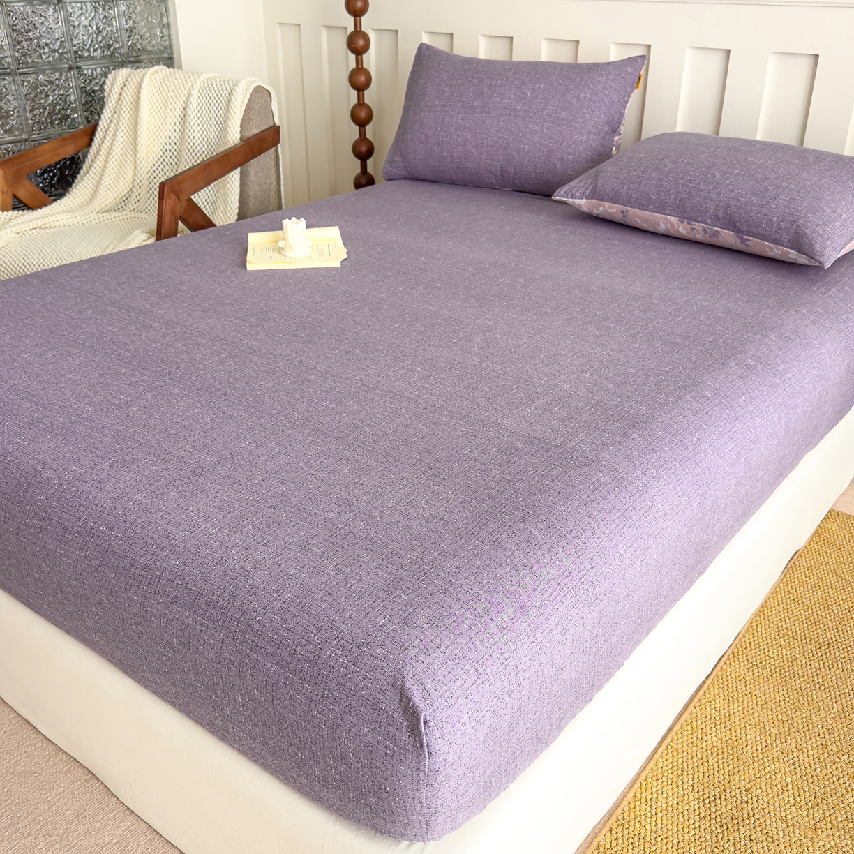 91家纺网 家纺一手货源 找家纺 灿哈家纺 2025新款纯色简约麻床笠单品床笠床笠单件单床笠 葡萄紫