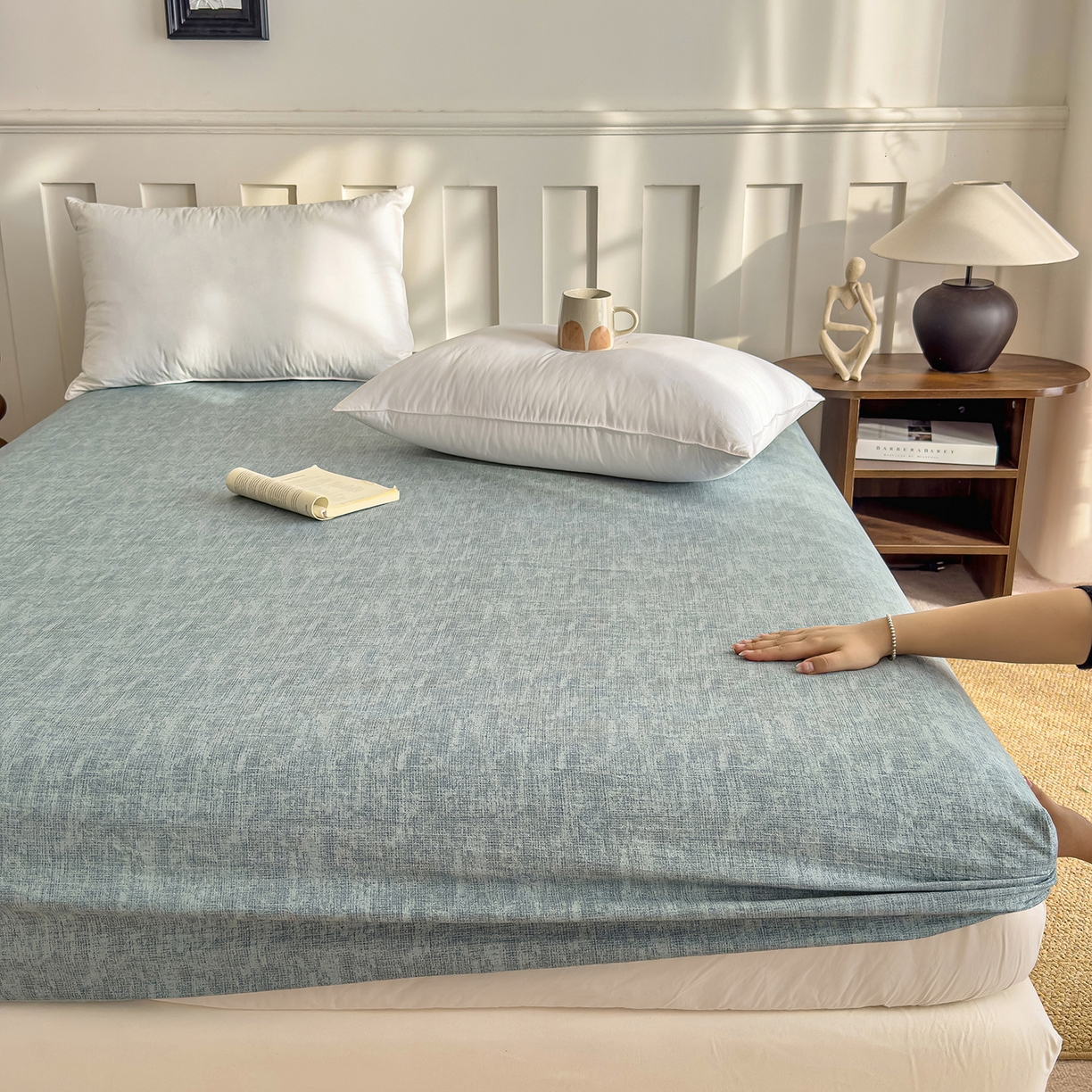 91家纺网 家纺一手货源 找家纺 灿哈家纺 2025新款纯色简约麻床笠单品床笠床笠单件单床笠 湖蓝