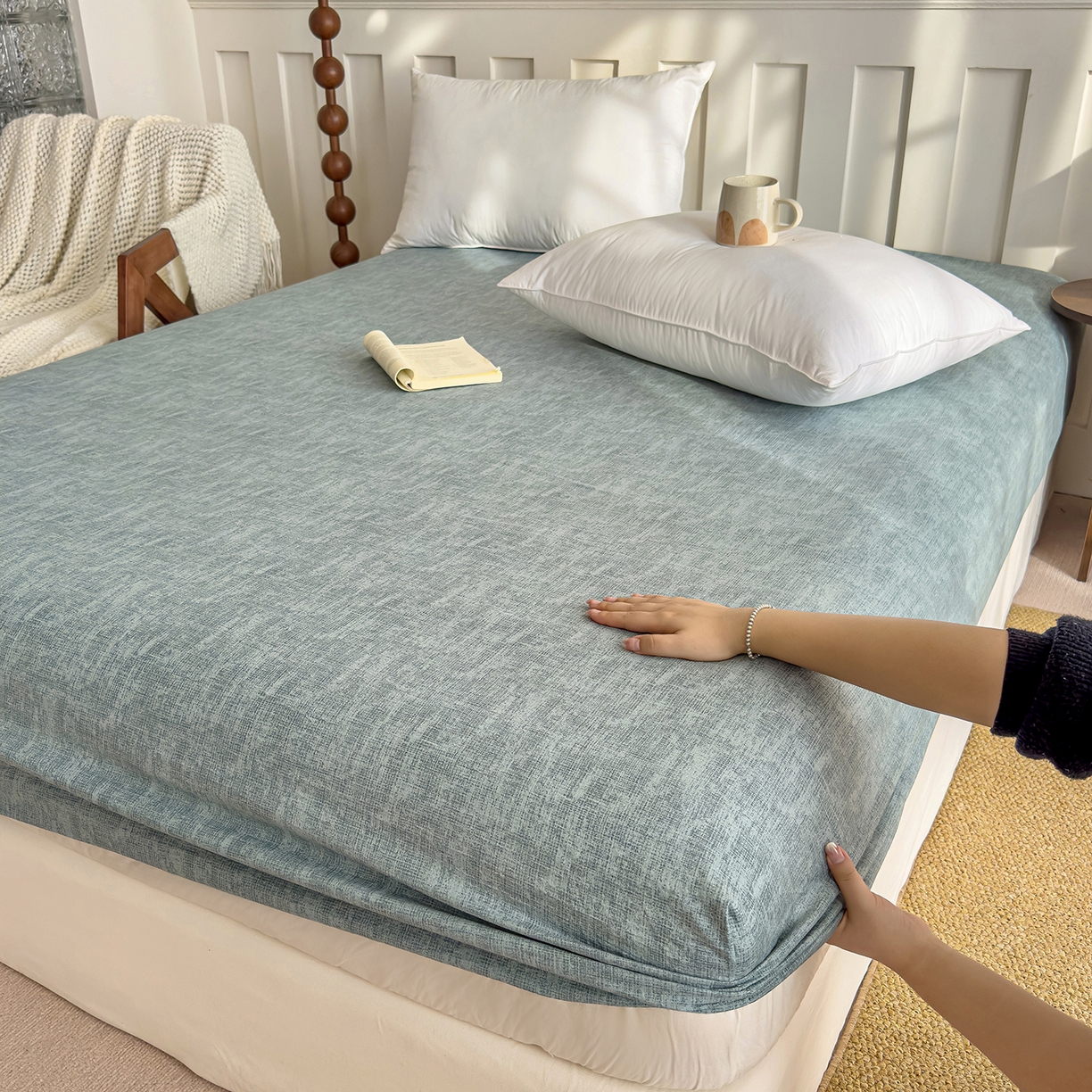 灿哈家纺 2025新款纯色简约麻床笠单品床笠床笠单件单床笠 湖蓝