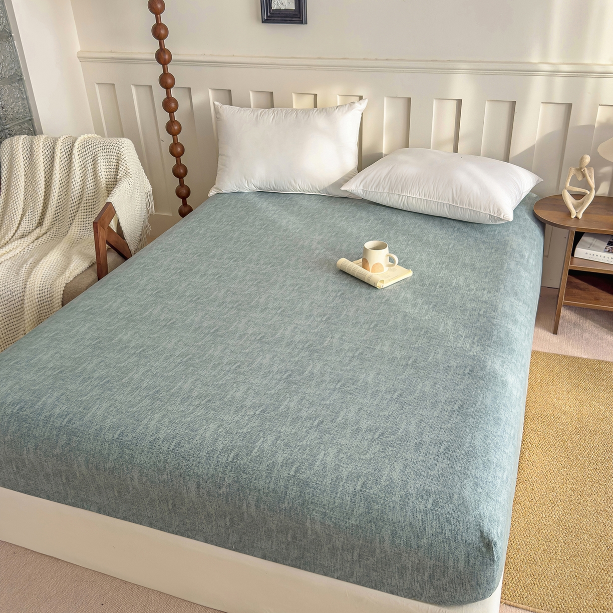 91家纺网 家纺一手货源 找家纺 灿哈家纺 2025新款纯色简约麻床笠单品床笠床笠单件单床笠 湖蓝