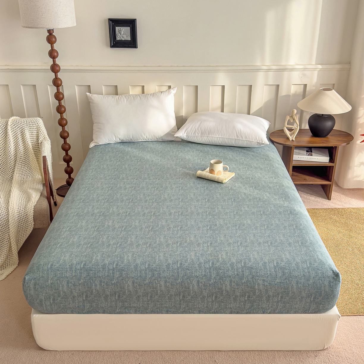 91家纺网 家纺一手货源 找家纺 灿哈家纺 2025新款纯色简约麻床笠单品床笠床笠单件单床笠 湖蓝