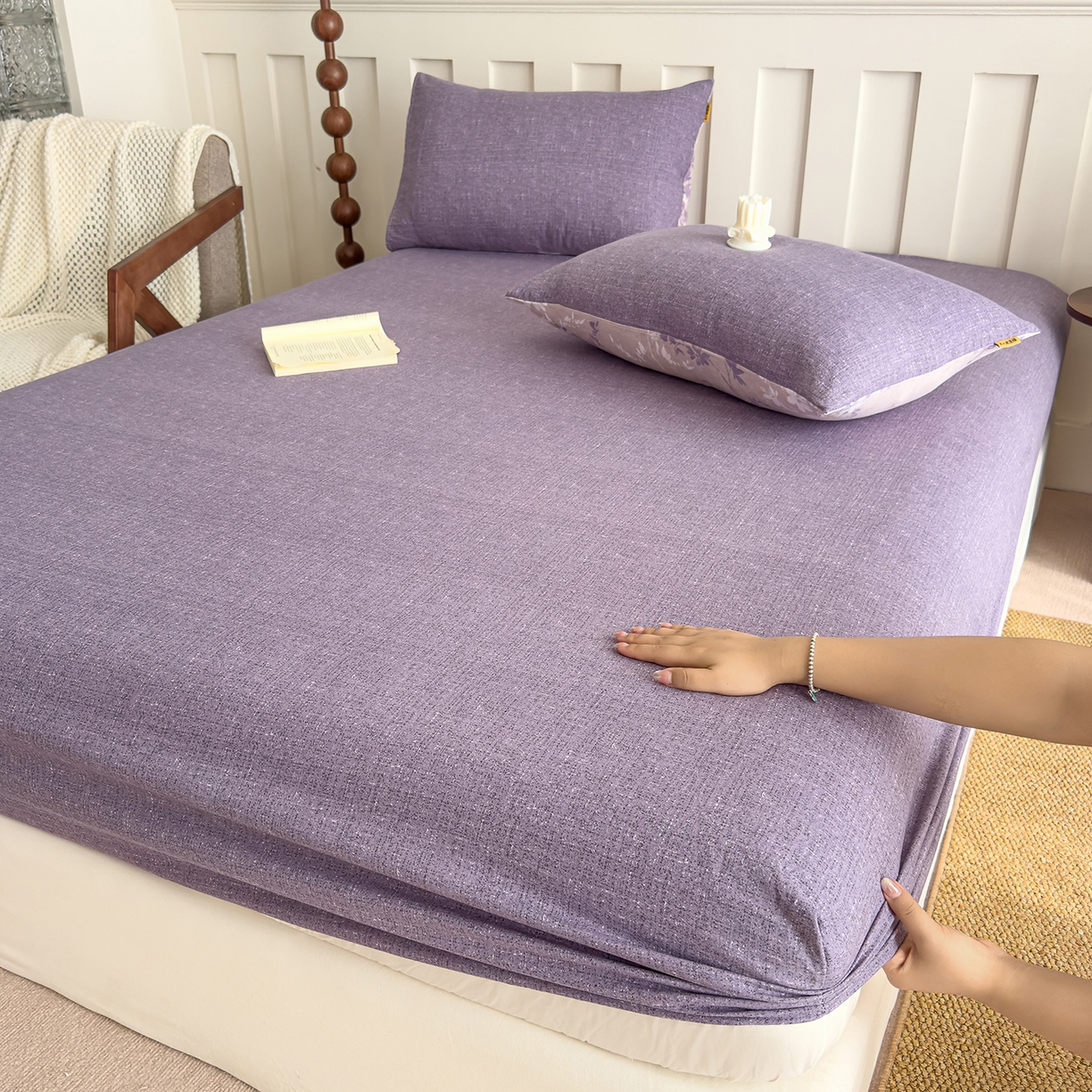 灿哈家纺 2025新款纯色简约麻床笠单品床笠床笠单件单床笠 葡萄紫