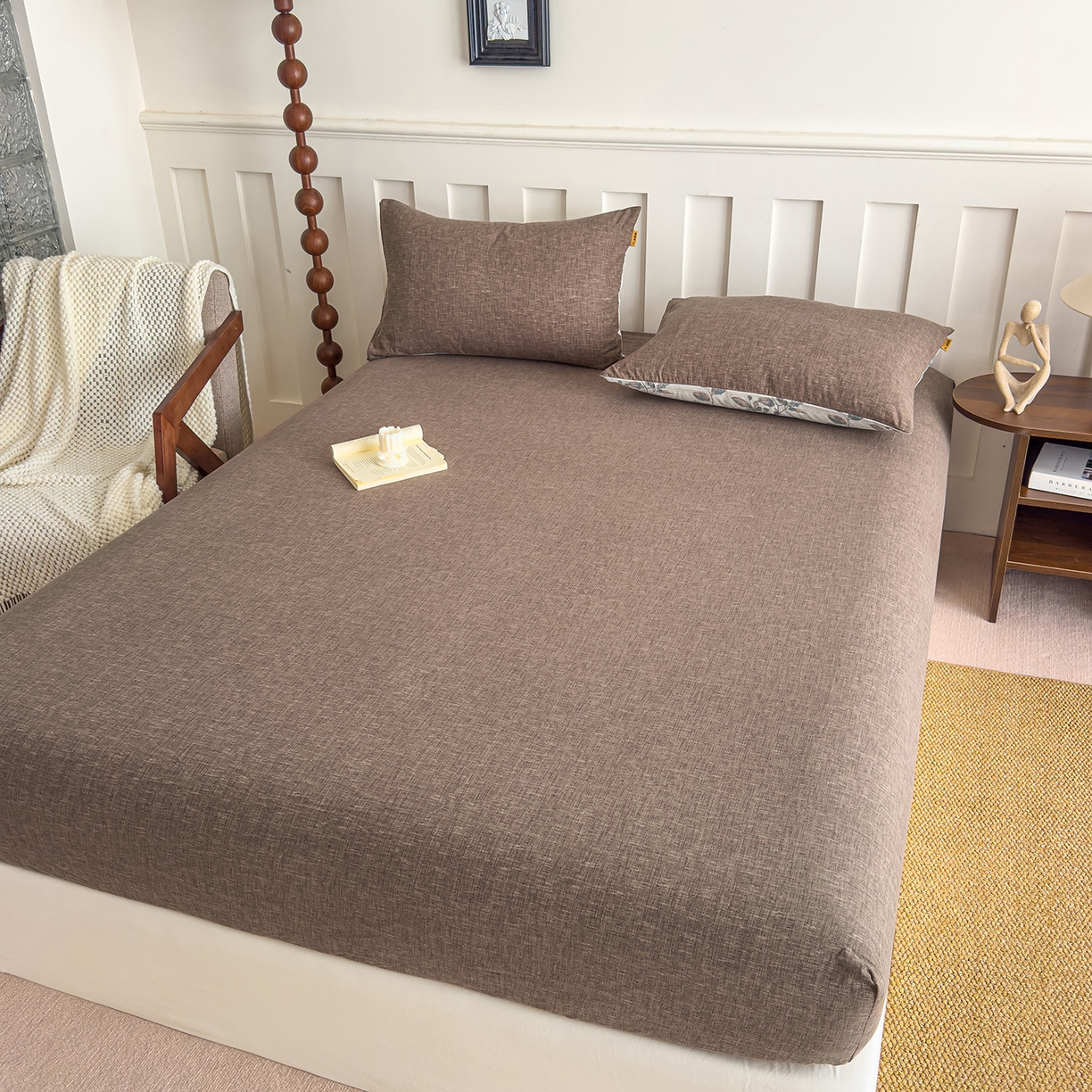 91家纺网 家纺一手货源 找家纺 灿哈家纺 2025新款纯色简约麻床笠单品床笠床笠单件单床笠 深咖