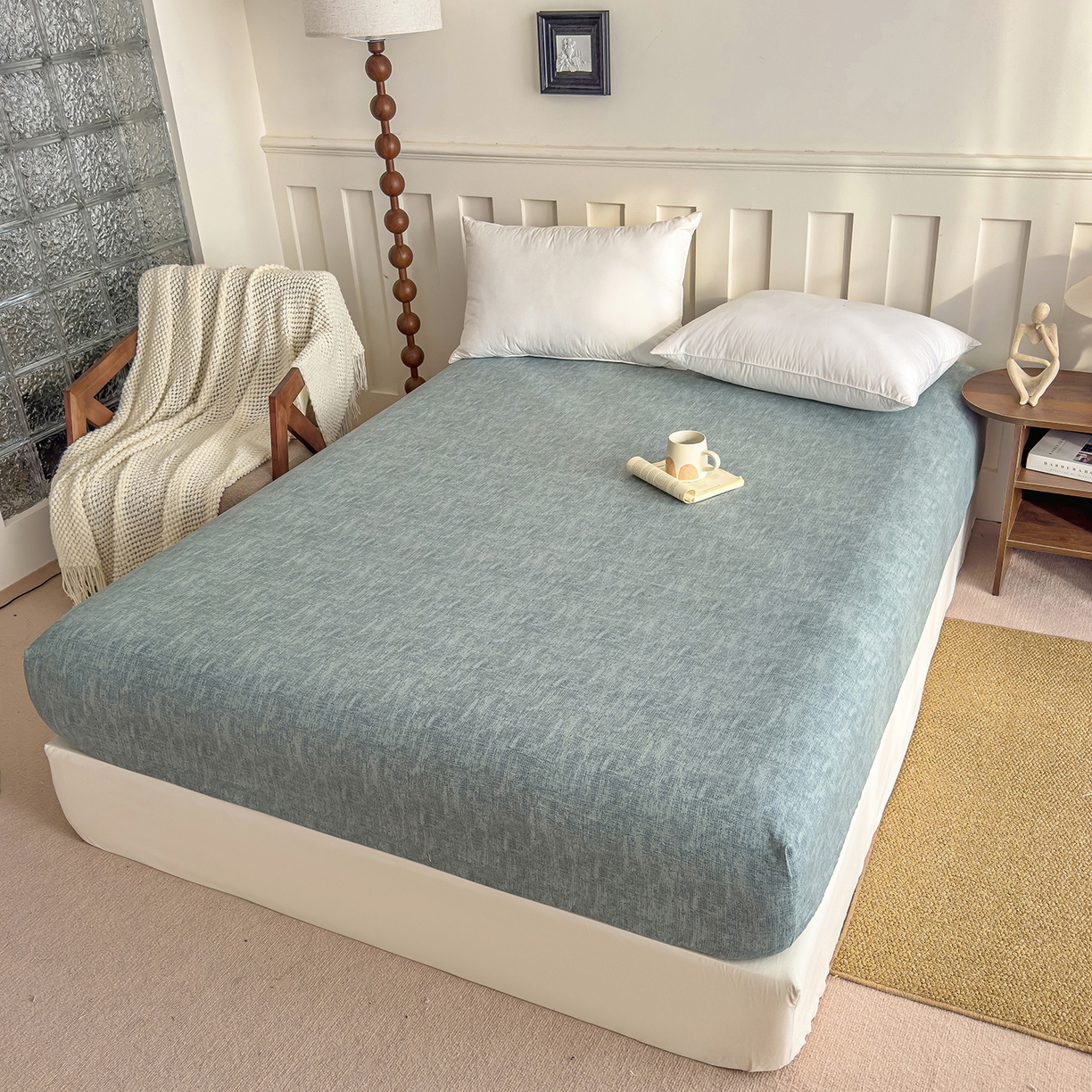 91家纺网 家纺一手货源 找家纺 灿哈家纺 2025新款纯色简约麻床笠单品床笠床笠单件单床笠 湖蓝